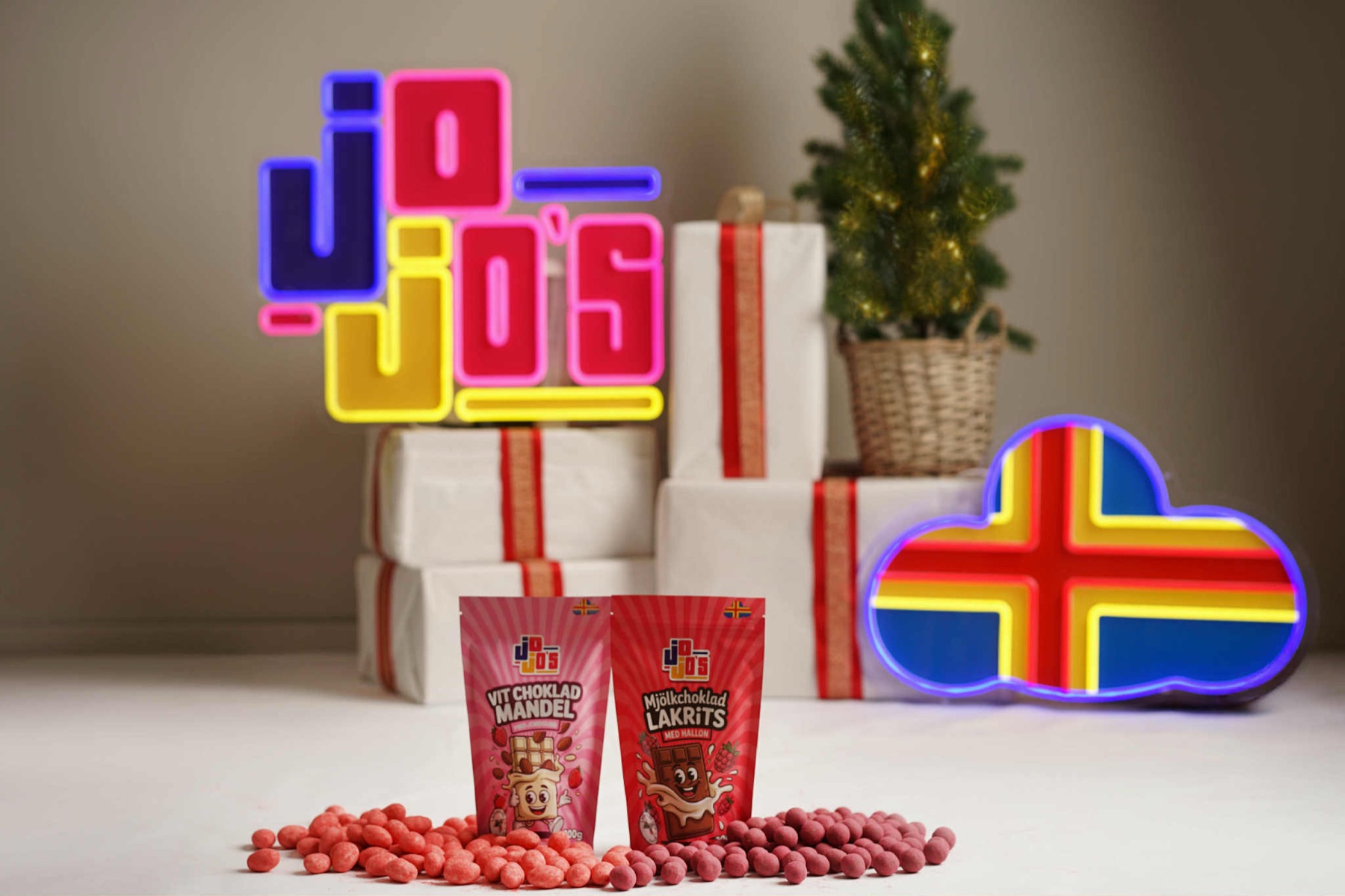 JoJo's brand setup with Åland flag and products